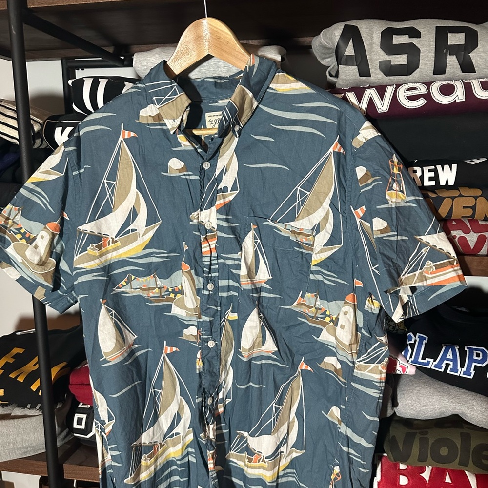 J. Crew Men's Sailboat Print Shirt - Blue and Cream